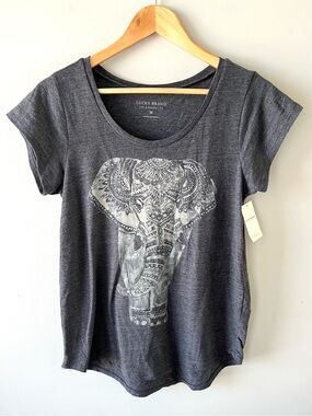 NWT Lucky Brand Women's Charcoal Elephant Graphic Tee Size Medium